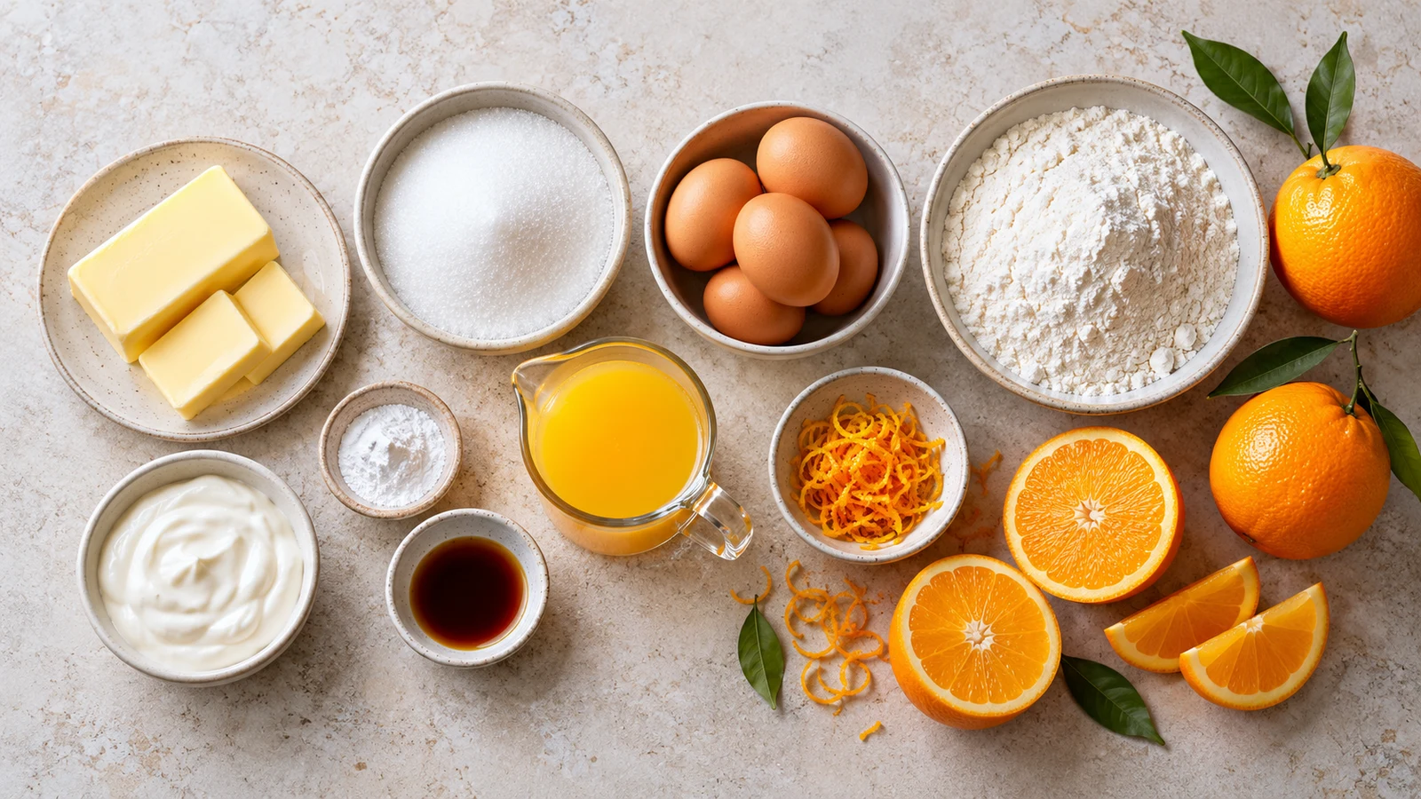 Butter, eggs, flour, sour cream, sugar, vanilla, and fresh citrus for orange pound cake.