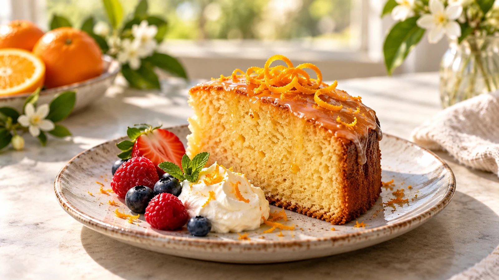 Orange pound cake slice with glossy glaze, fresh berries, whipped cream, and orange-zest curls.
