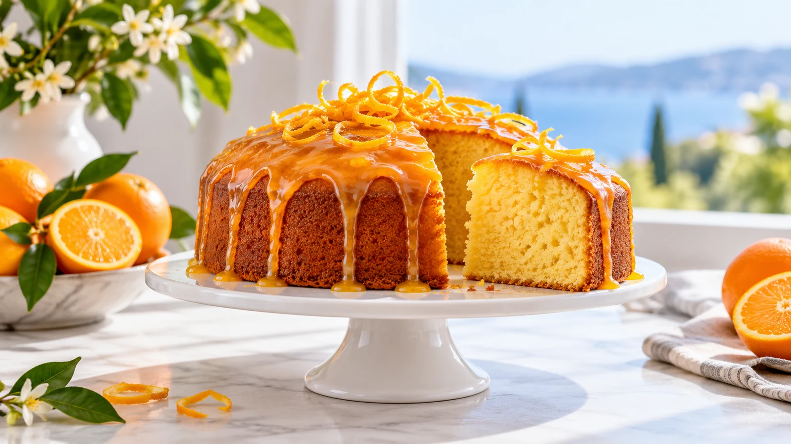 Orange pound cake recipe with glossy citrus glaze and orange-zest curls on a white cake stand.
