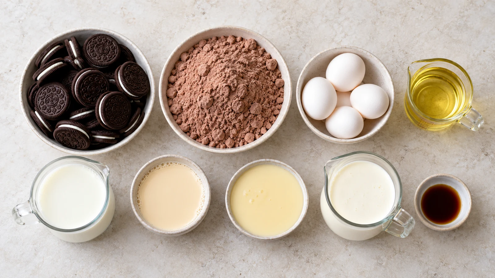Oreo tres leches cake recipe: ingredients for Oreo tres leches cake arranged in a bright, organized overhead flat lay.