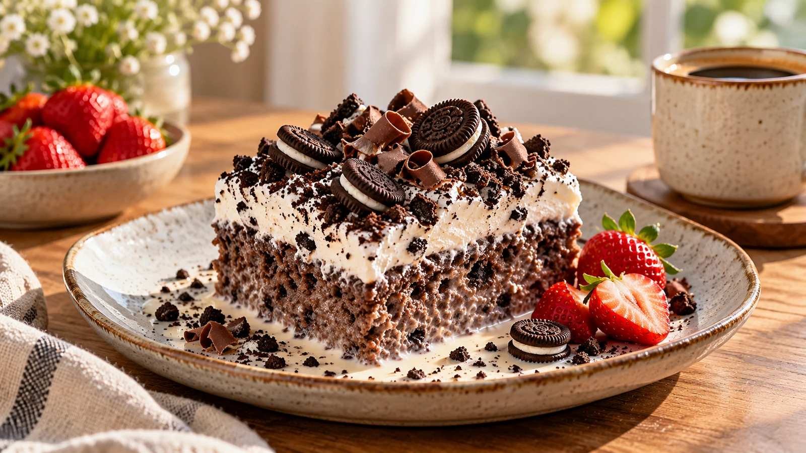 Oreo tres leches cake served with whipped cream, cookie crumbs, fresh strawberries, and coffee.