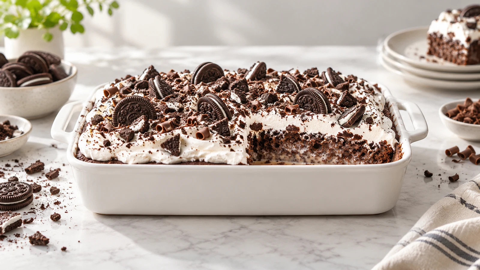 Oreo tres leches cake topped with whipped cream, cookie crumbs, mini Oreos, and chocolate curls.