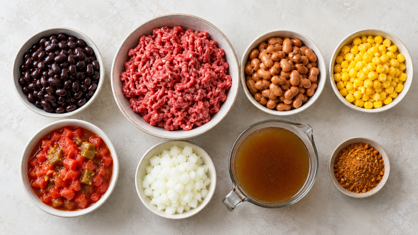 Original taco soup recipe: ingredients for original taco soup, including ground beef, beans, corn, tomatoes, onion and seasoning.