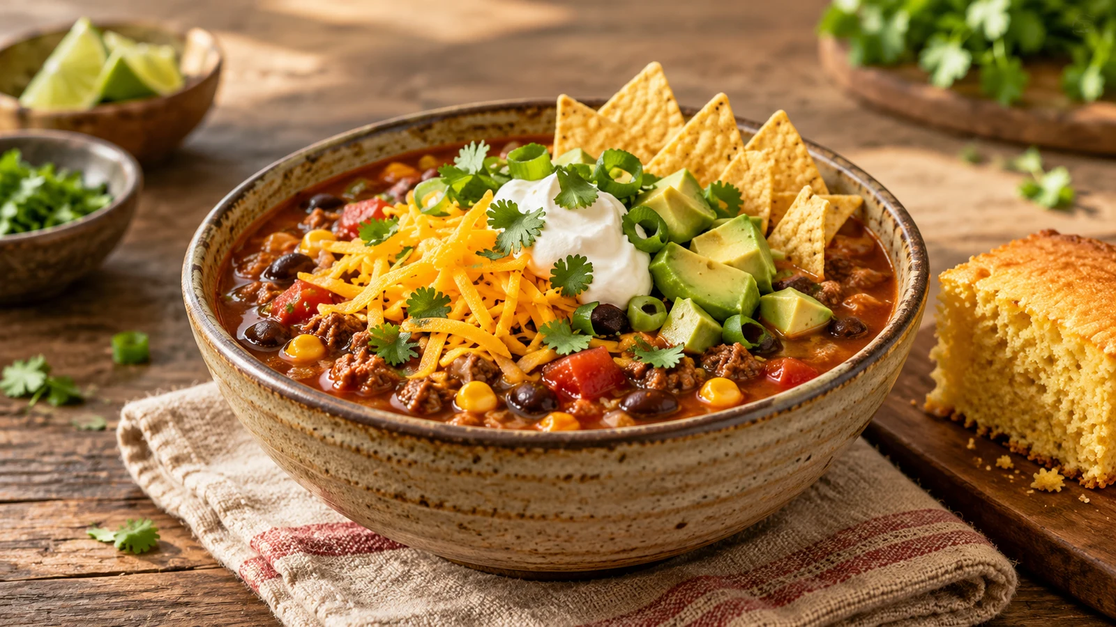 Original taco soup served with fresh toppings, crisp tortilla chips and warm cornbread.