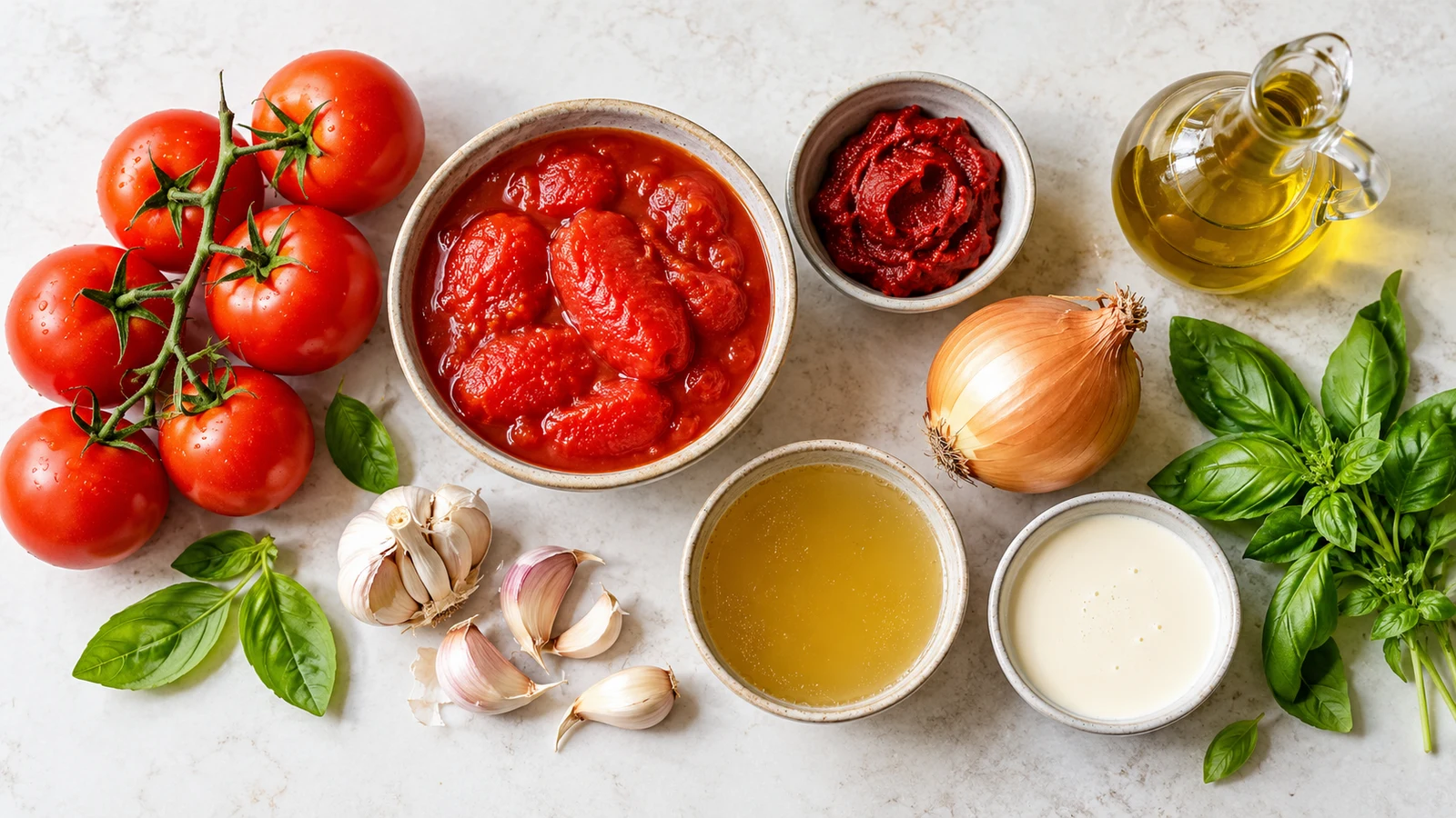 Panera tomato soup recipe: panera tomato soup ingredients arranged neatly in bowls on a bright, light surface.