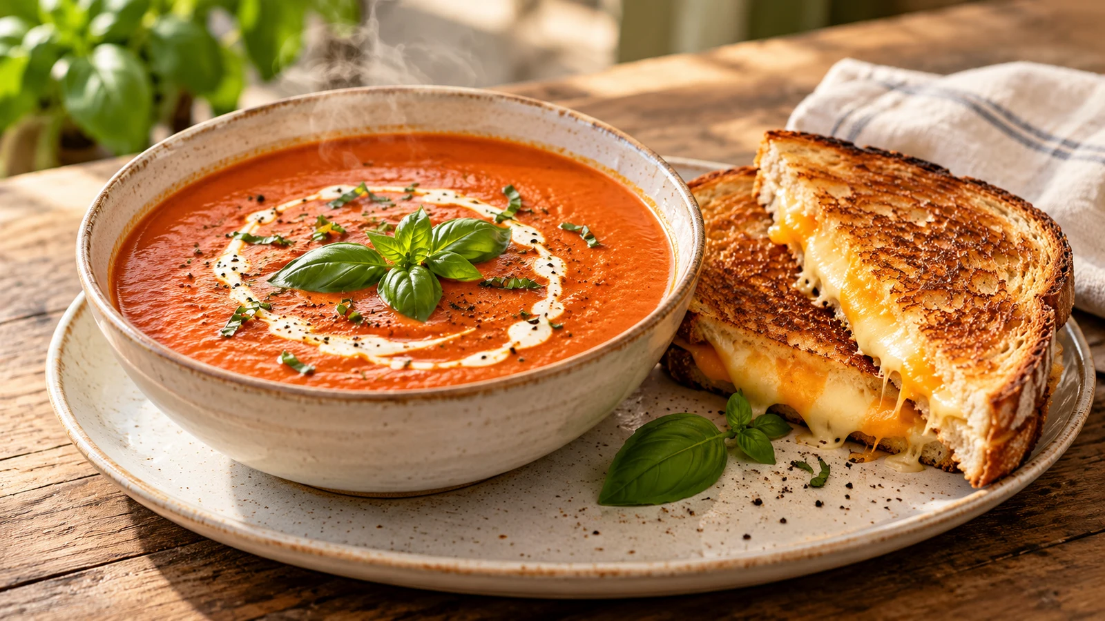 Panera tomato soup served with fresh basil, a cream swirl, and a crisp grilled cheese sandwich.