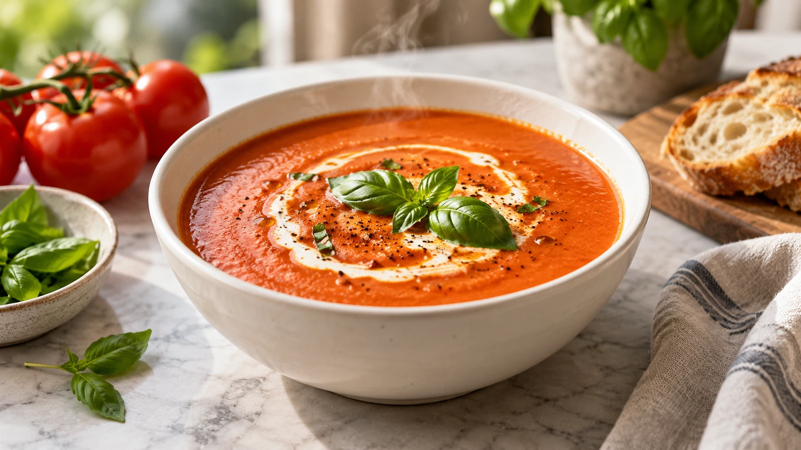 Panera tomato soup with a cream swirl, fresh basil, and subtle steam in a modern white bowl.
