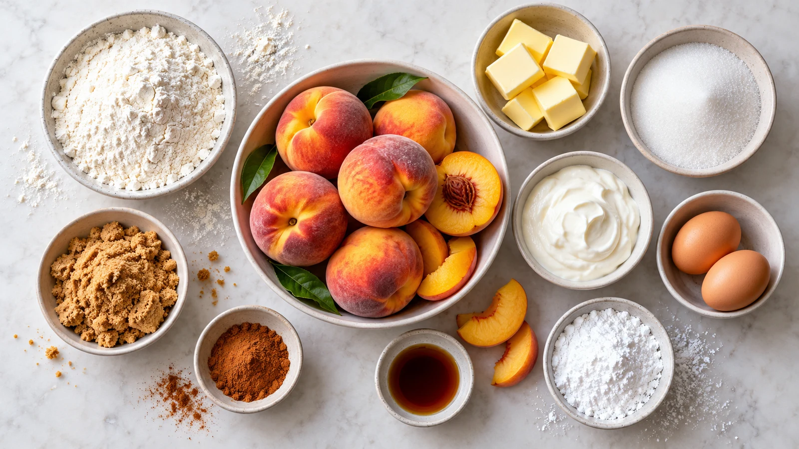 Peach cobbler pound cake recipe: peach cobbler pound cake ingredients arranged in bowls with fresh peaches, flour, butter, sugar, and spices.