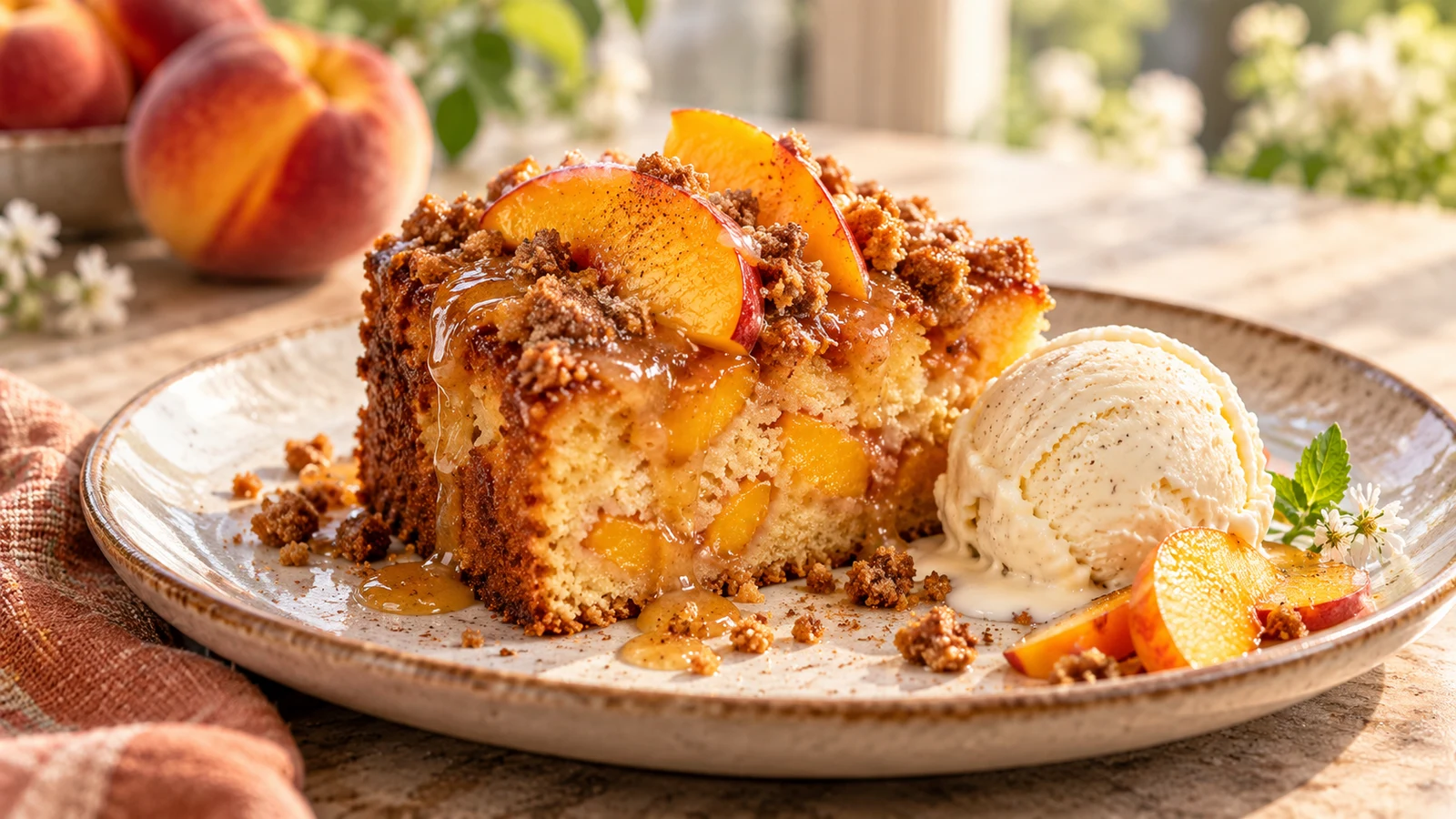 Peach cobbler pound cake slice with peach glaze, streusel, fresh peaches, and vanilla ice cream.