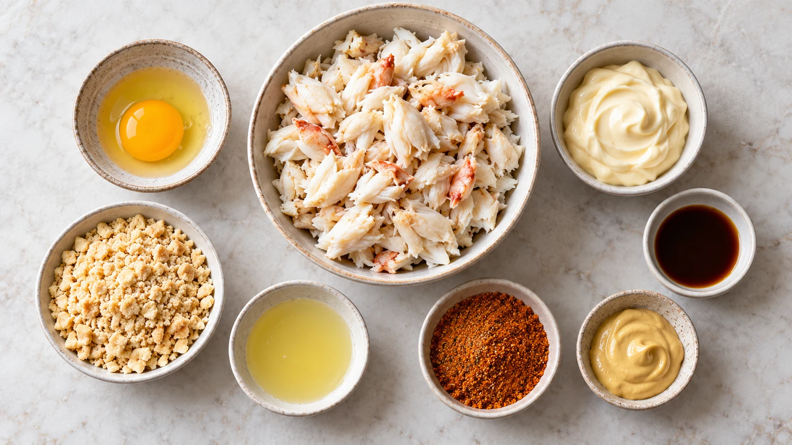 Phillips crab cake recipe: phillips crab cake ingredients arranged in bowls with jumbo lump crab, seasonings and cracker crumbs.