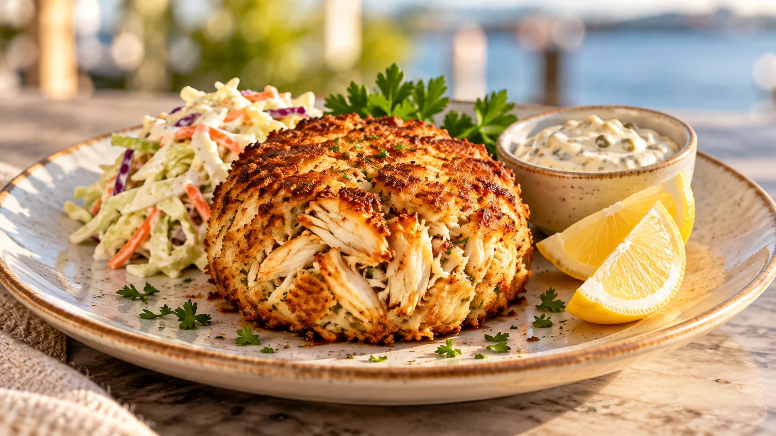 Phillips crab cake served golden and crisp with creamy coleslaw, parsley and lemon wedges.