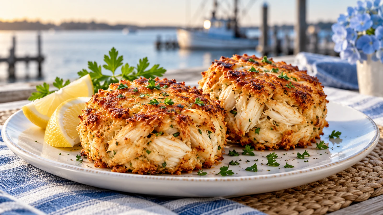 Phillips crab cake with visible jumbo lump crab, golden crust, parsley and lemon wedges.