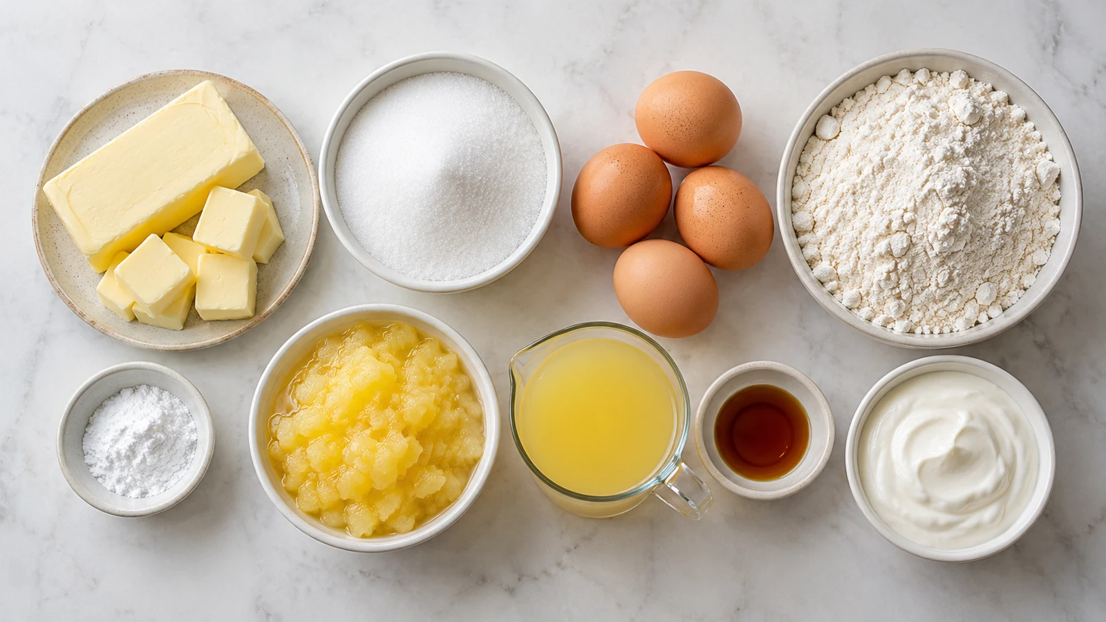 Pineapple pound cake recipe: ingredients for pineapple pound cake arranged in bowls on a bright, light surface.