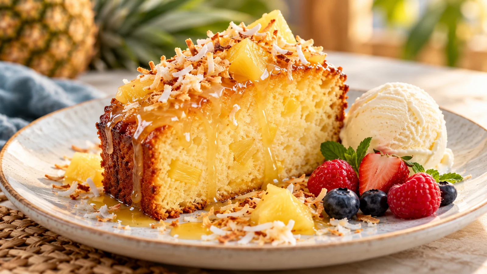 Slice of pineapple pound cake with glaze, vanilla ice cream, and fresh berries.
