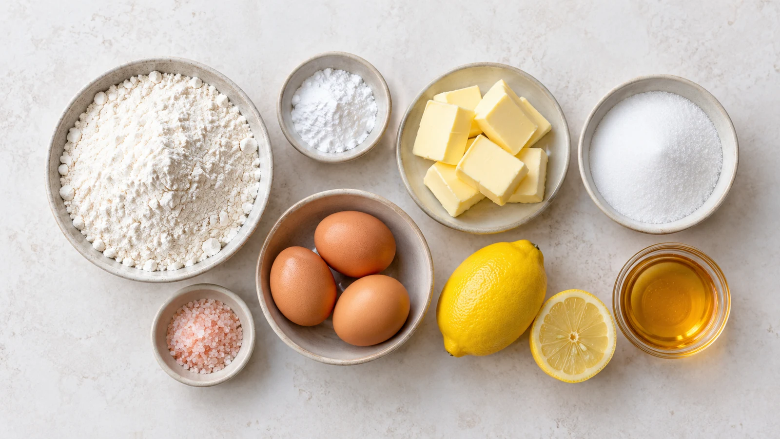 Pink salt trick recipe: pink salt trick ingredients with flour, butter, eggs, lemon, honey, sugar, baking powder, and pink salt.