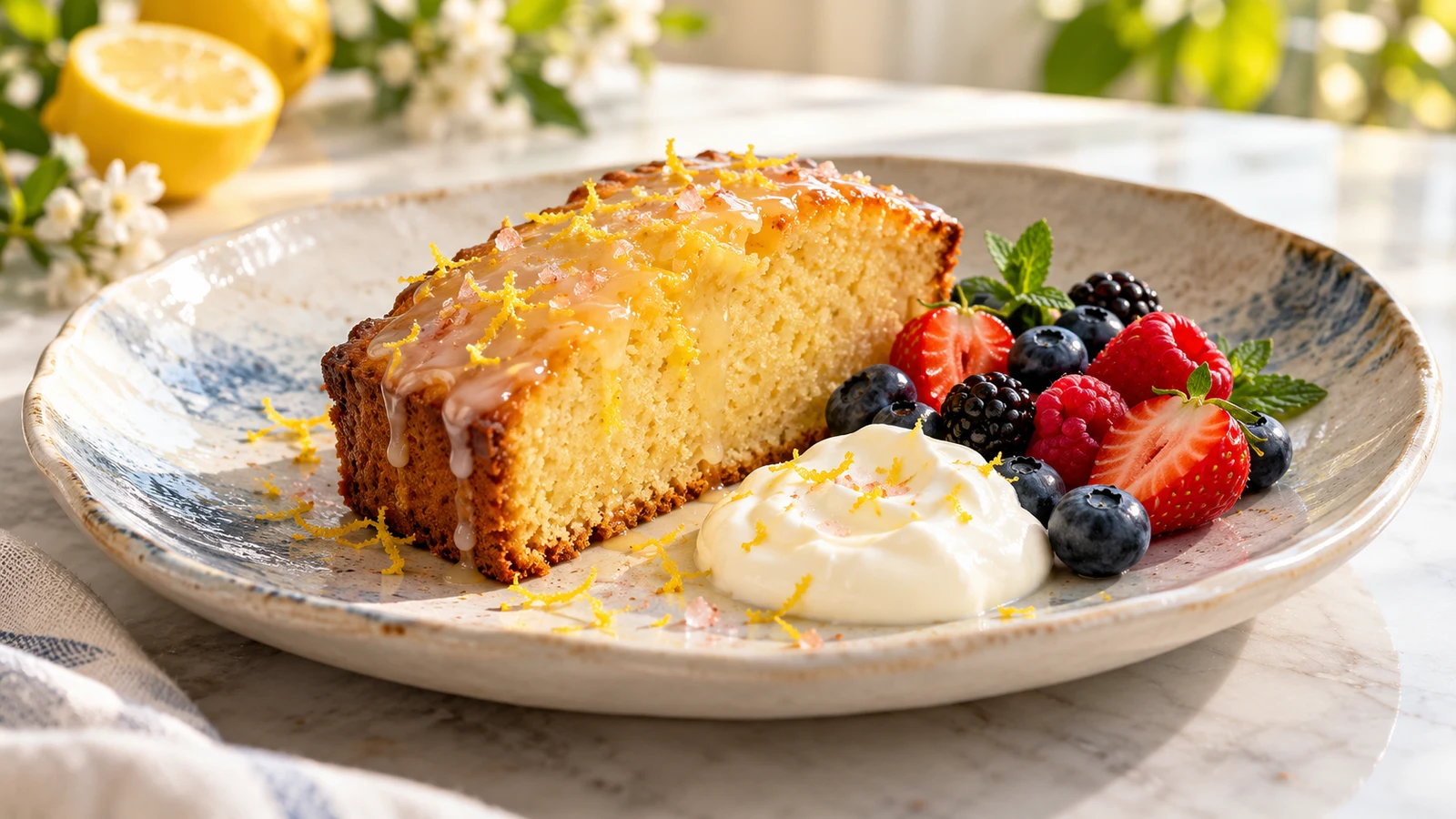 Pink salt trick loaf cake slice served with lemon-honey glaze, fresh berries, and Greek yogurt.