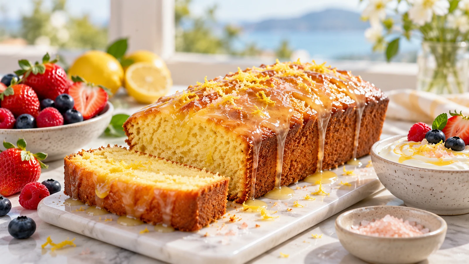 Pink salt trick lemon-honey loaf cake with glaze, lemon zest, berries, and Greek yogurt.