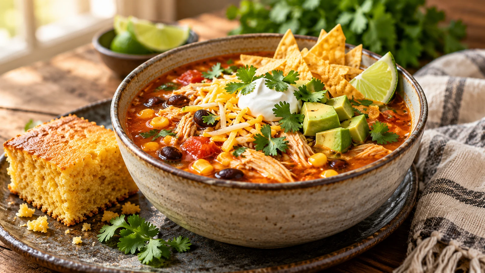 Recipe for chicken taco soup plated and served