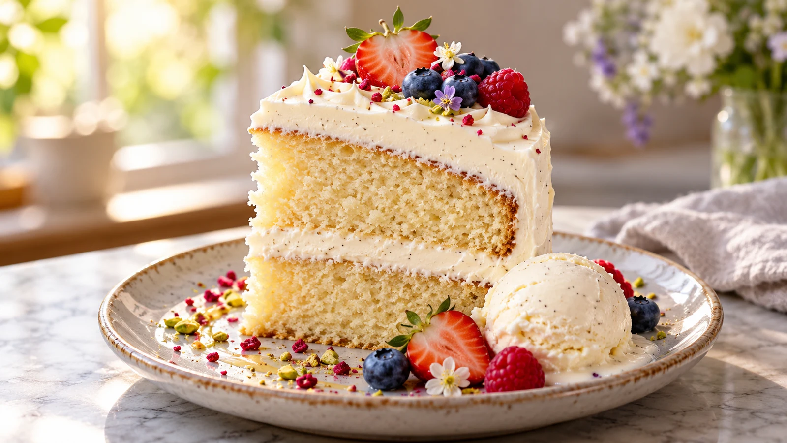 Recipe for fluffy vanilla cake plated and served
