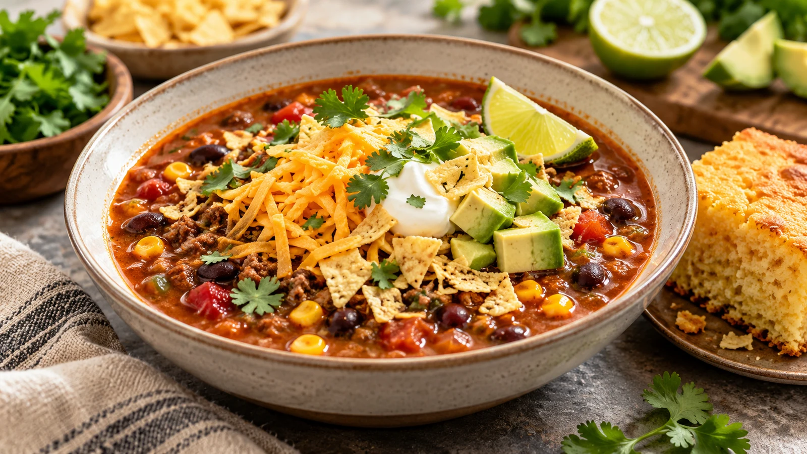 Recipe for taco soup plated and served