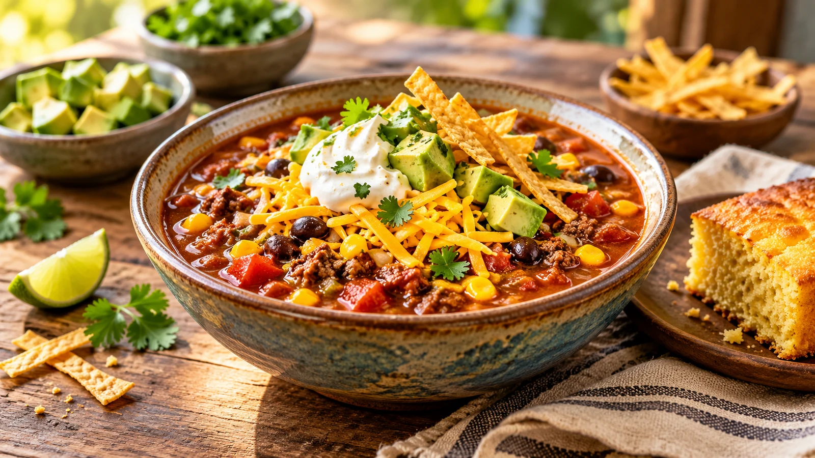 Recipe for taco soup with ground beef plated and served