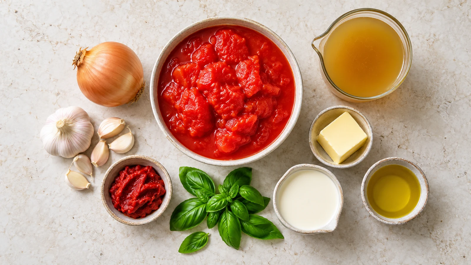 Ingredients for recipe for tomato soup with tinned tomatoes