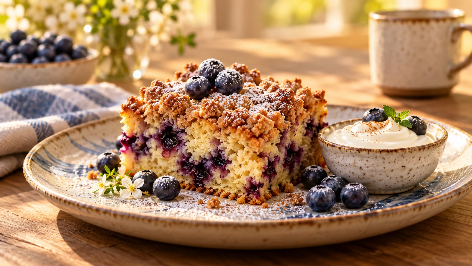 Recipes for blueberry coffee cake plated and served