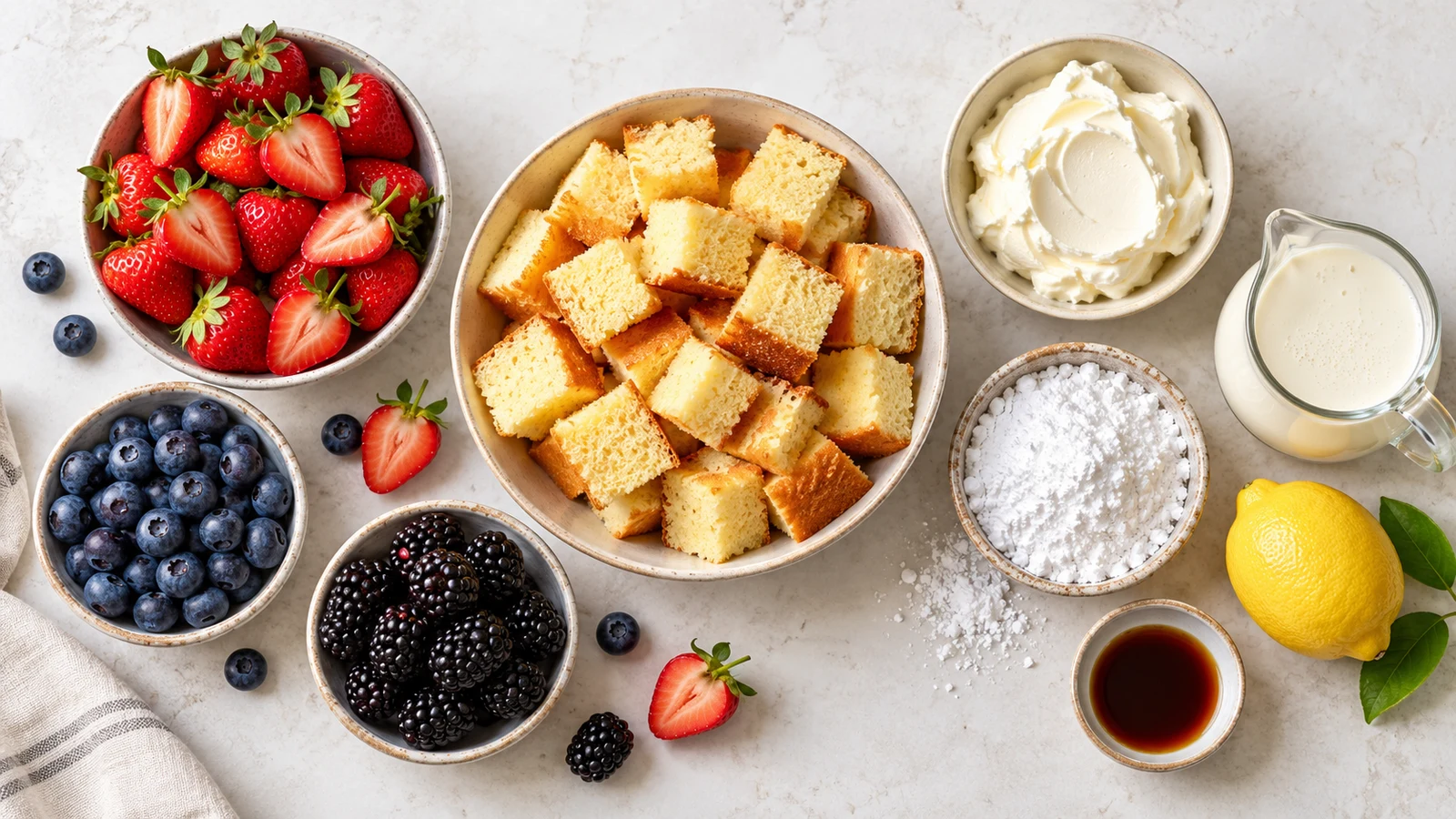 Ingredients for recipes with pound cake, including mixed berries, lemon, vanilla, cream cheese, and cream.