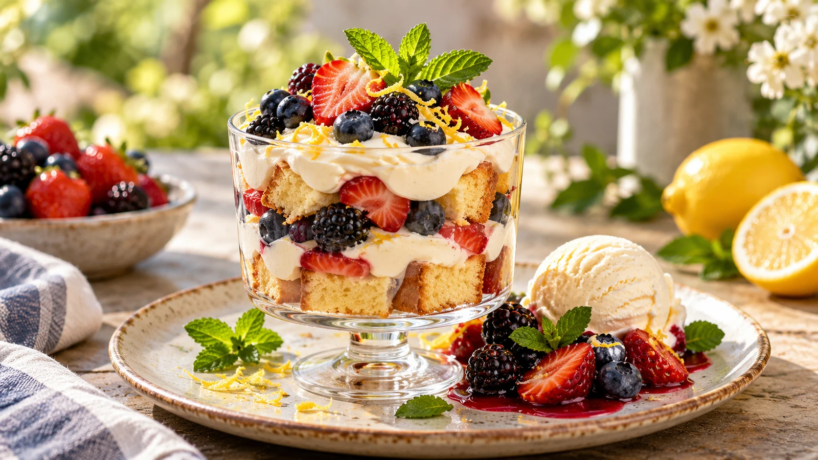 Recipes with pound cake served as berry trifle with vanilla ice cream and macerated berries.