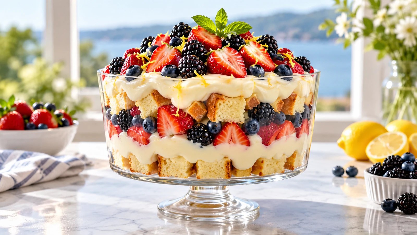 Recipes with pound cake featuring a layered berry trifle with lemon cream, mint, and fresh berries.