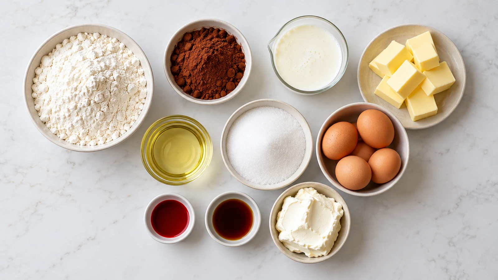 Red velvet bundt cake ingredients arranged in bowls on a bright, clean surface.