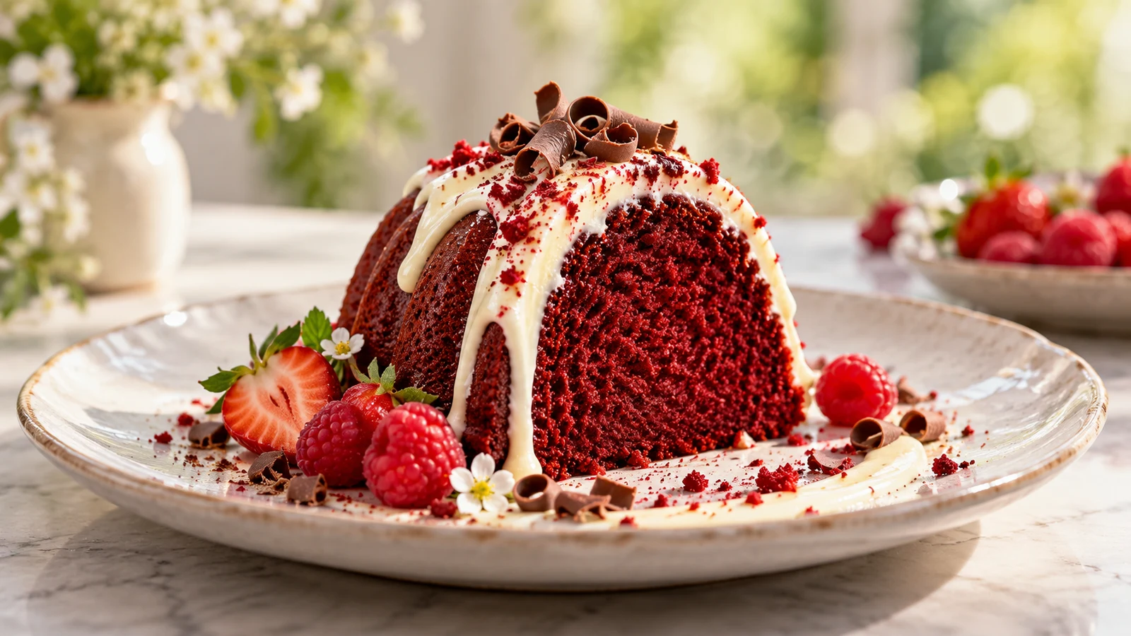 Red velvet bundt cake slice with cream cheese glaze, raspberries, and strawberries.