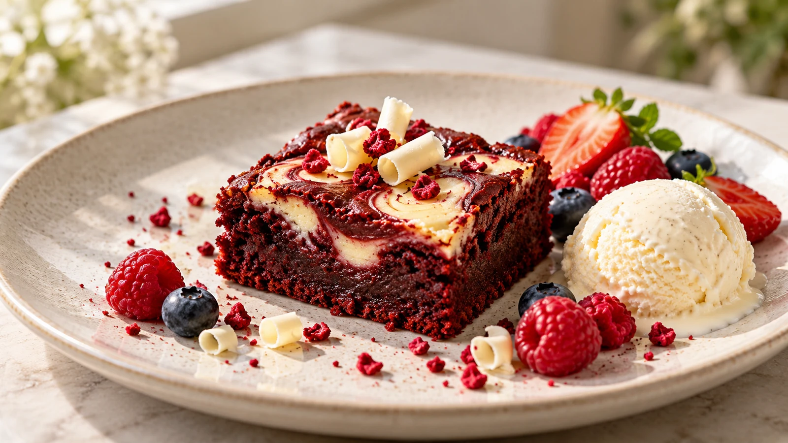 Red velvet cake brownies served with vanilla ice cream, fresh berries and freeze-dried raspberries.