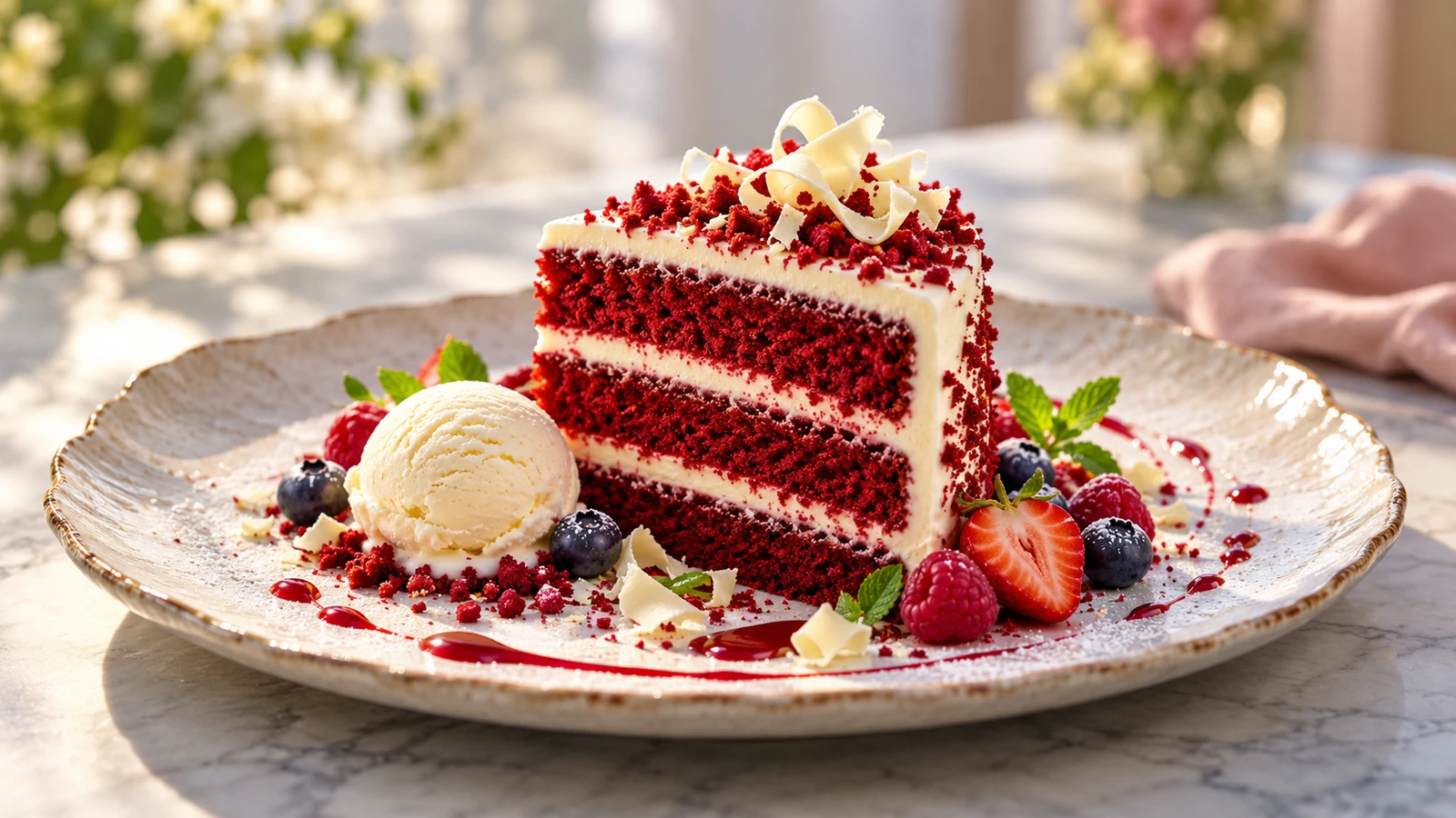 Red velvet cake frosting on a plated slice with berries and vanilla ice cream.