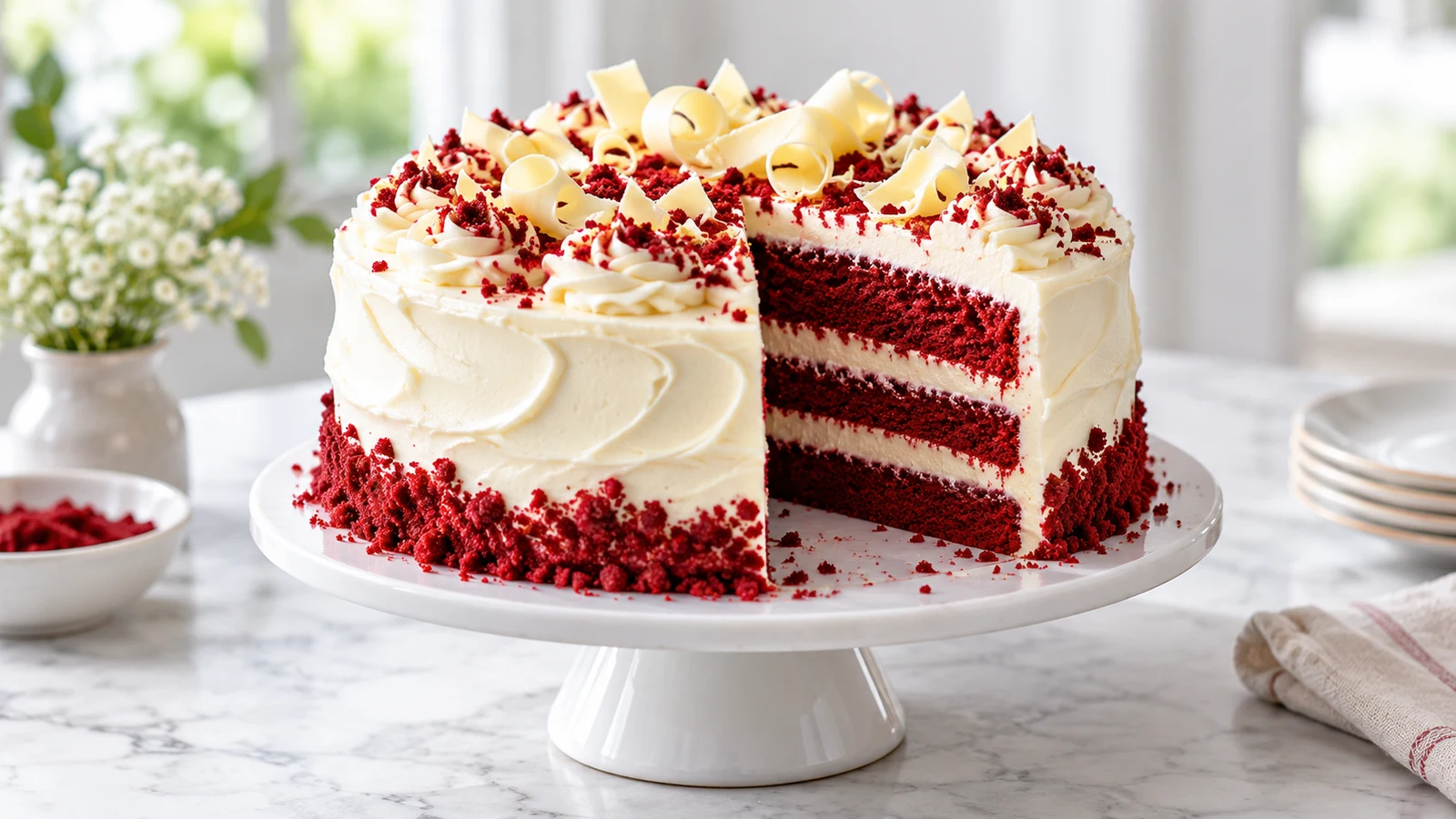 Red velvet cake frosting on a crimson layer cake with crumbs and white-chocolate curls.