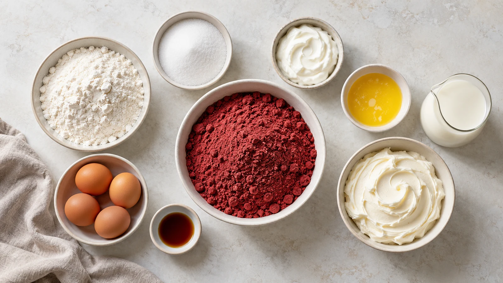 Ingredients for red velvet cake mix recipes arranged in bowls with eggs, yogurt, milk, butter, flour, and sugar.