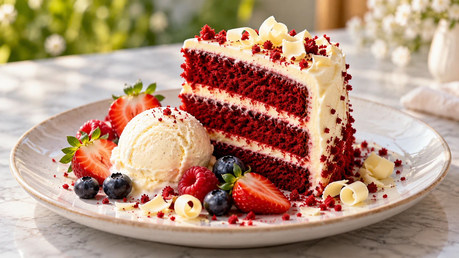 Red velvet cake mix recipes slice served with vanilla ice cream, fresh berries, crumbs, and white-chocolate curls.