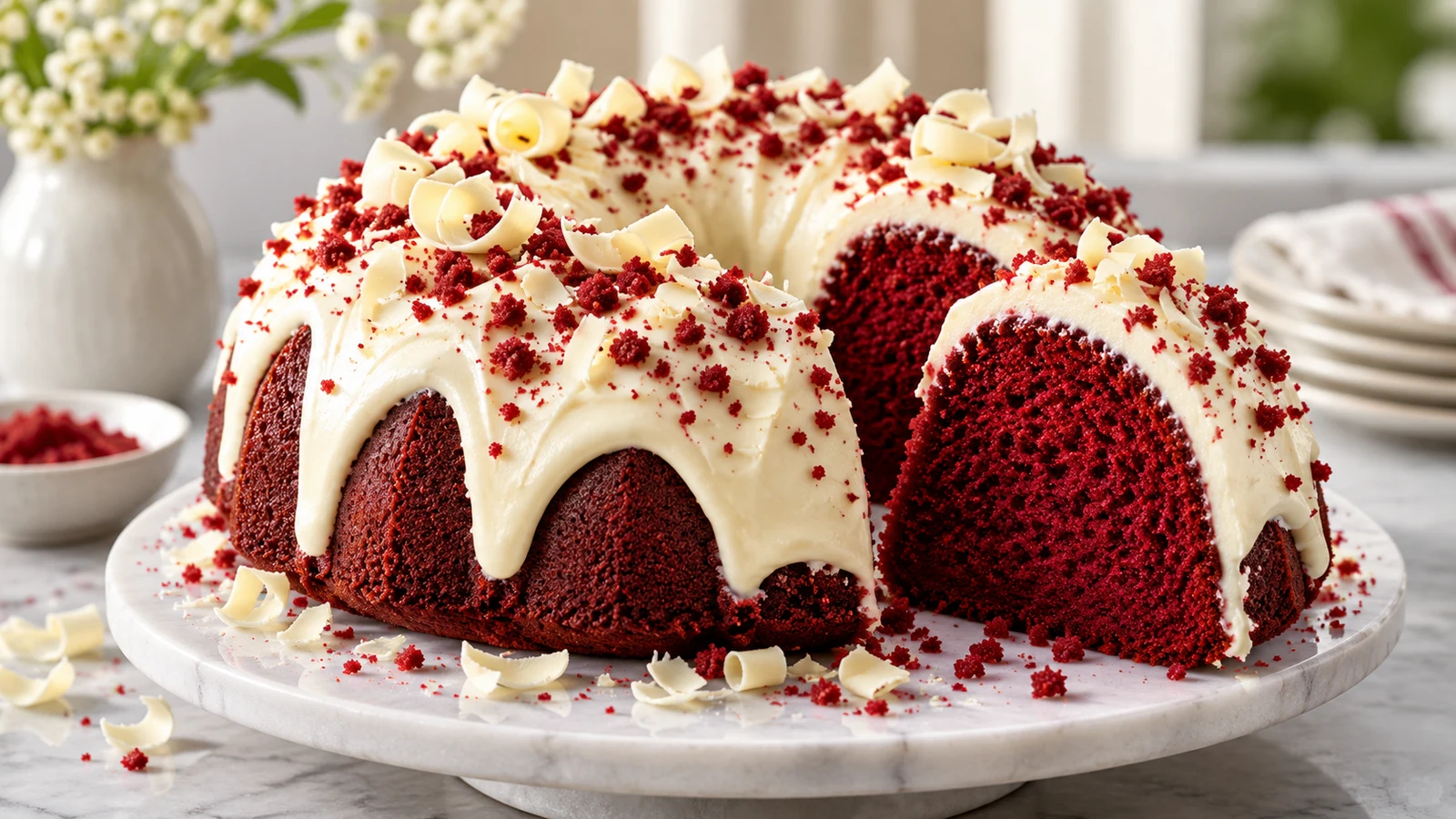 Moist red velvet cake mix recipes Bundt cake with cream cheese frosting, crumbs, and white-chocolate curls.
