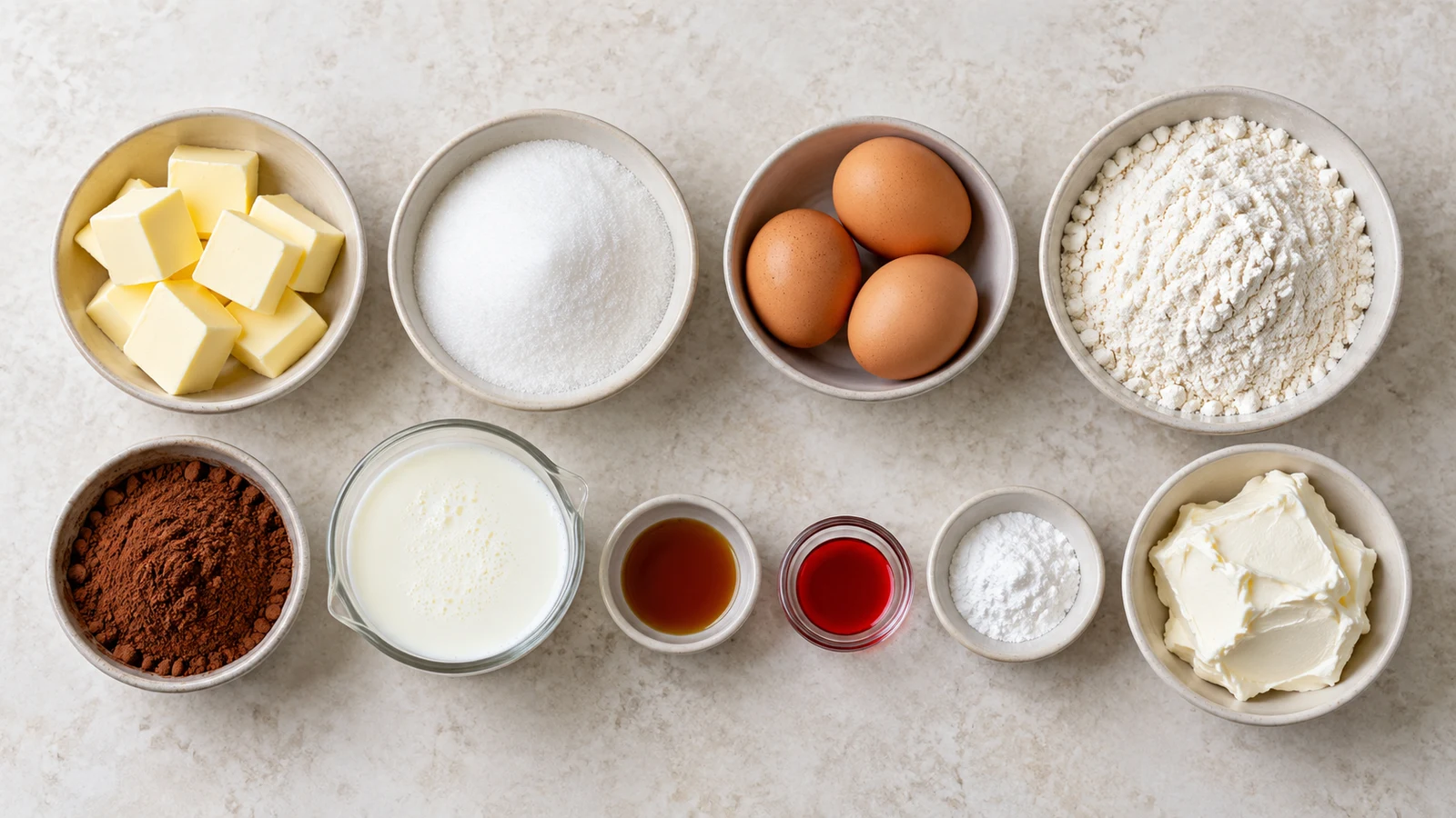 Red velvet pound cake recipe: ingredients for red velvet pound cake arranged in bowls on a light surface.