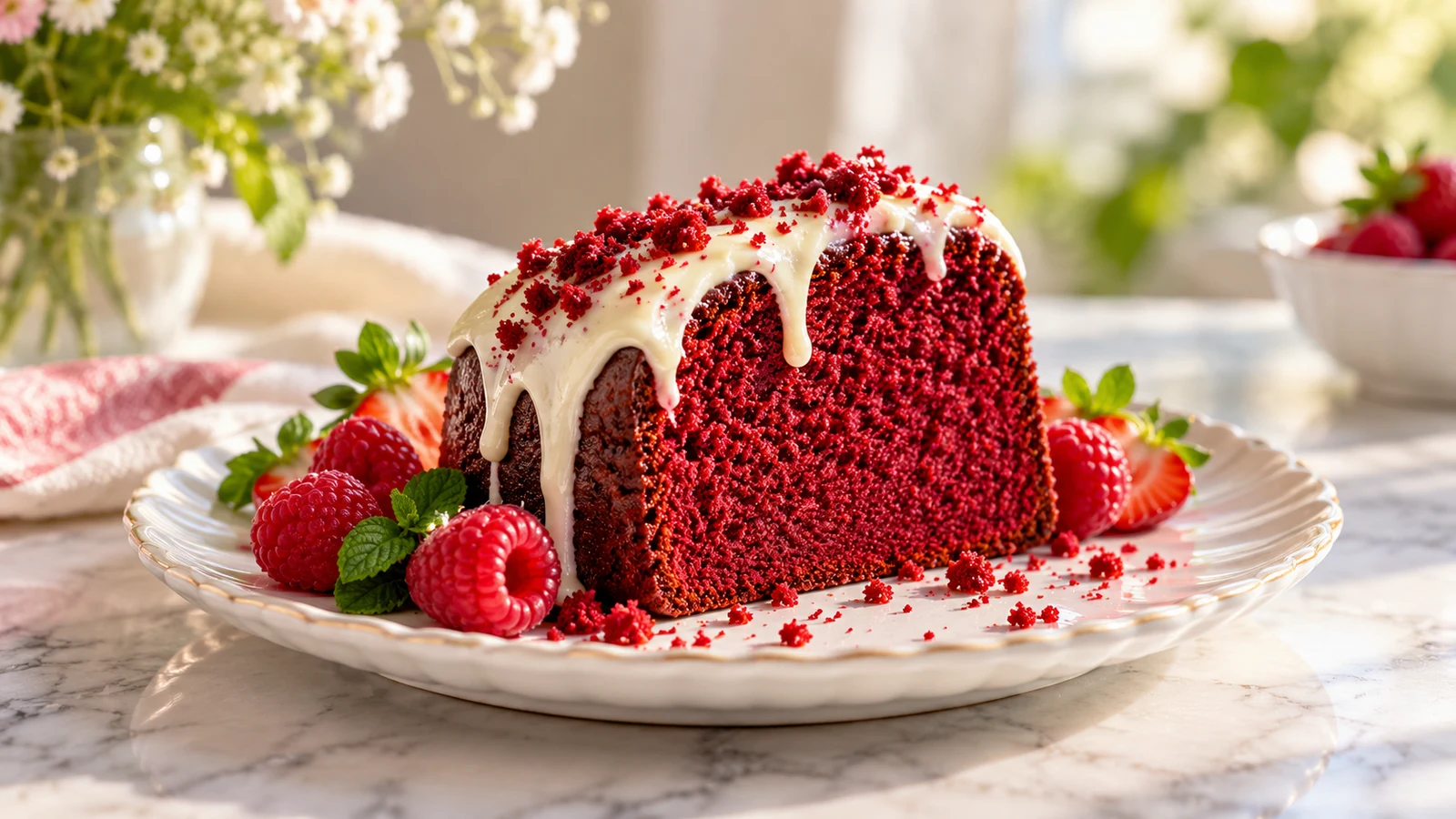 Slice of red velvet pound cake with cream cheese glaze, raspberries, and strawberries.
