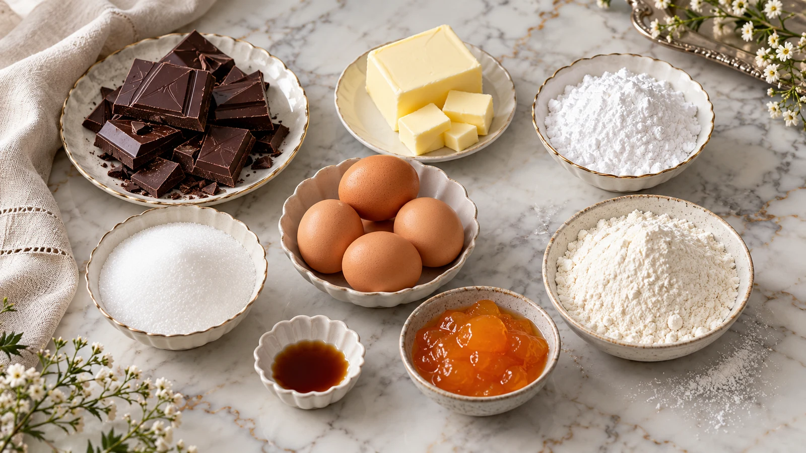 Sacher chocolate cake recipe: ingredients for Sacher chocolate cake arranged in bowls with dark chocolate, eggs, flour, butter, and apricot jam.