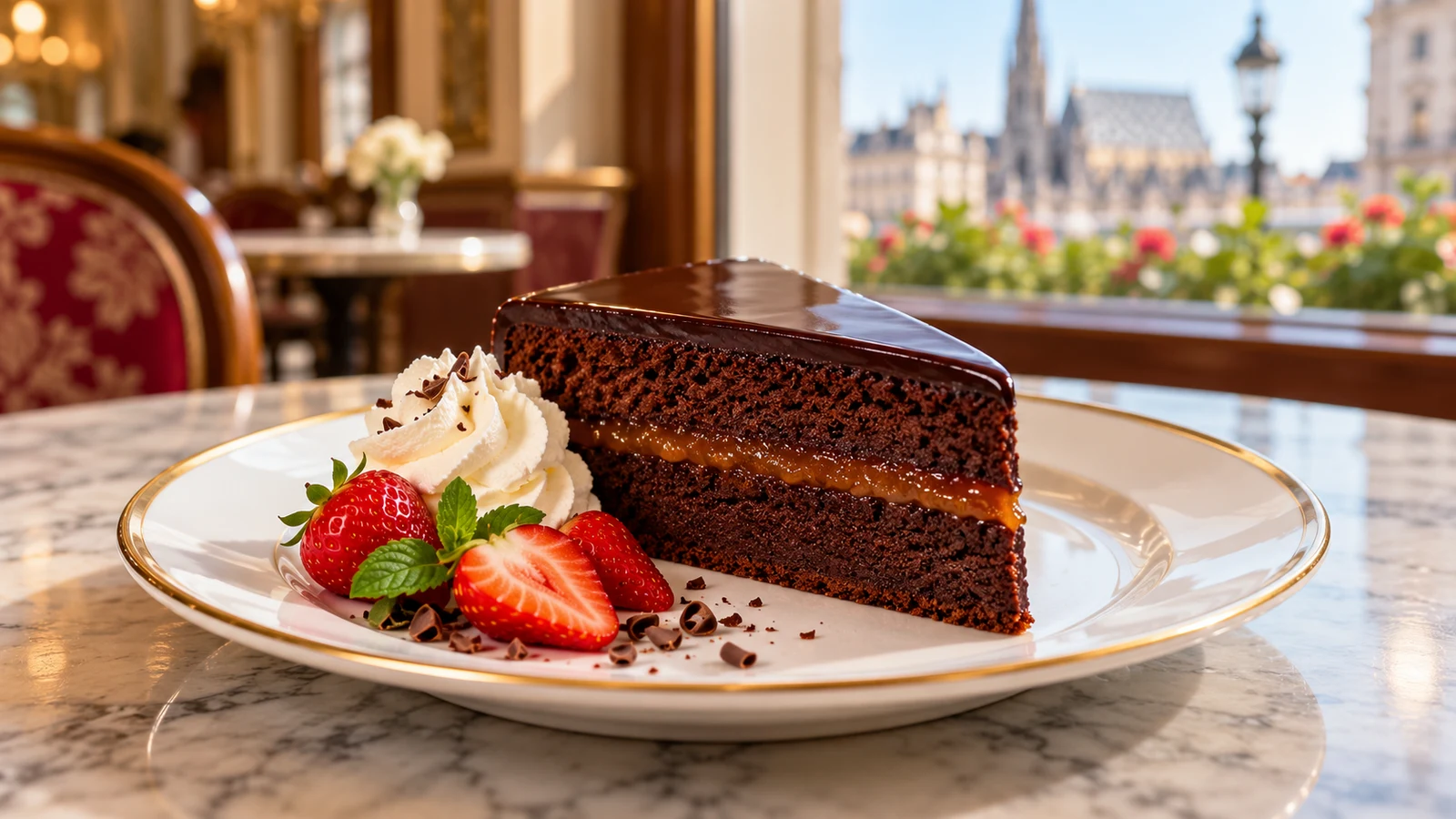 Slice of Sacher chocolate cake served with unsweetened whipped cream and fresh strawberries.