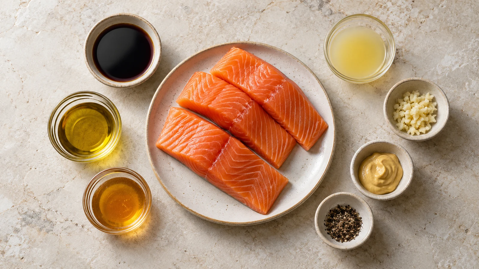 Salmon marinade recipe: salmon marinade ingredients with salmon, soy sauce, olive oil, honey, lemon, garlic, Dijon and pepper.