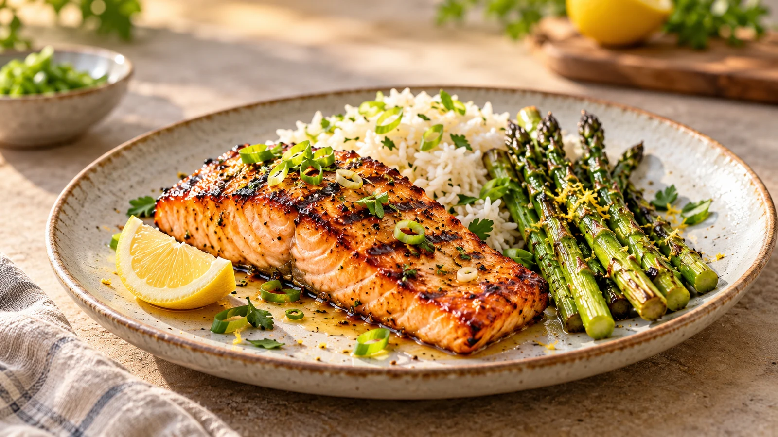 Salmon marinade grilled fillet served with fluffy rice, roasted asparagus, green onions and lemon.