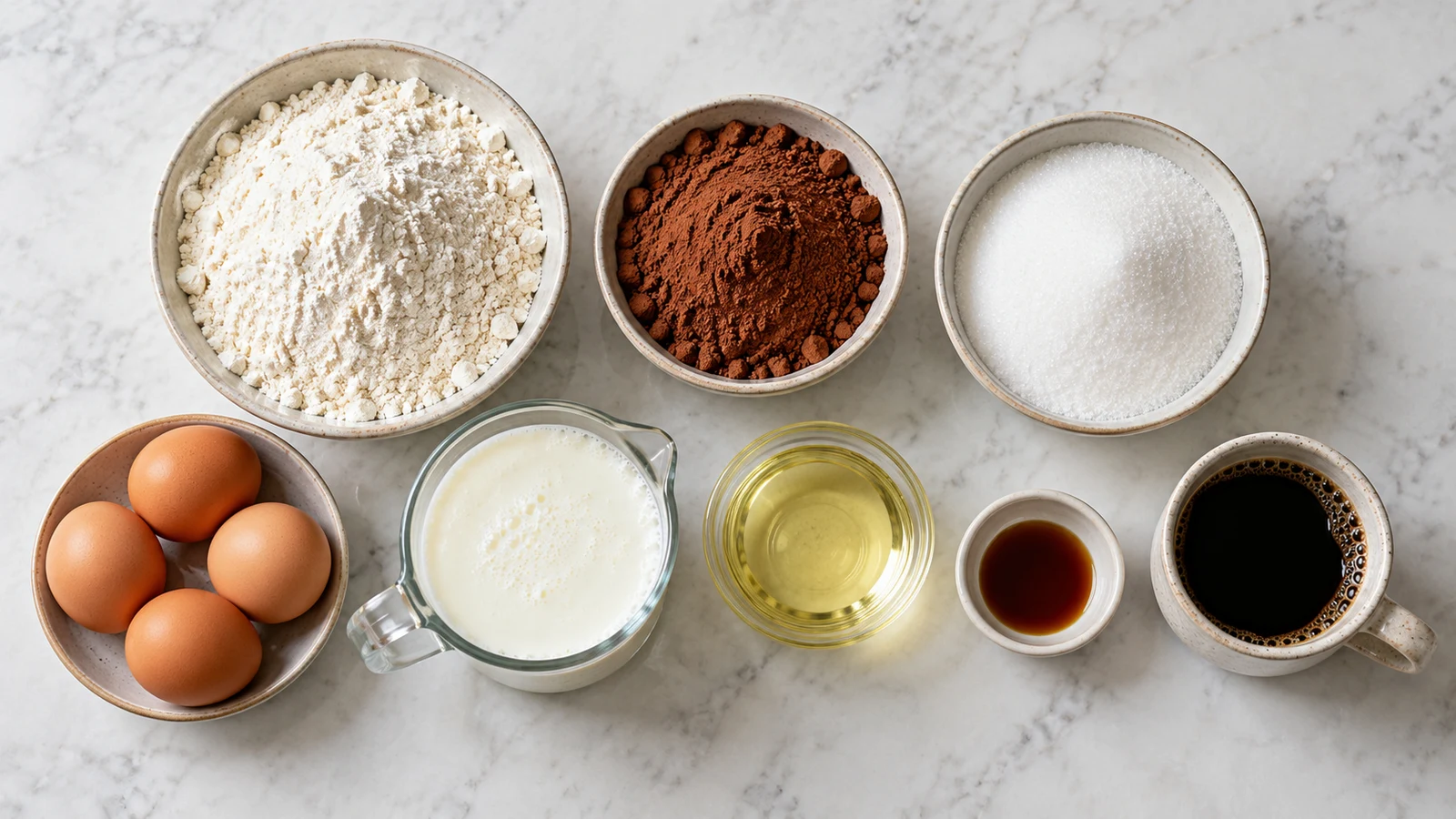 Small chocolate cake recipe: ingredients for small chocolate cake arranged in bowls on a light surface.