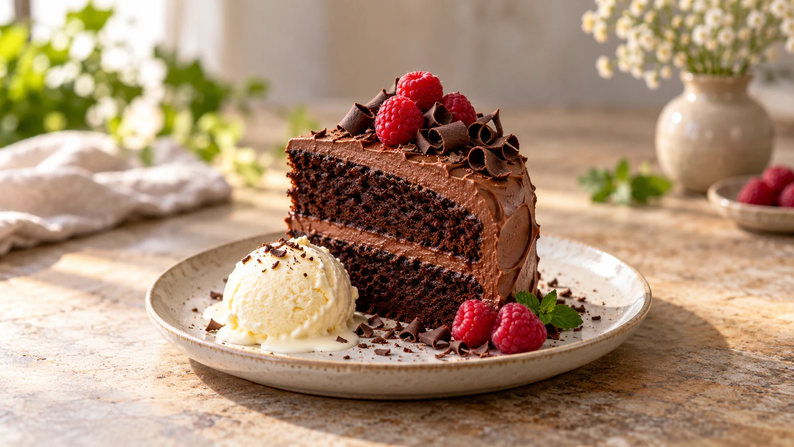 Slice of small chocolate cake with raspberries, chocolate curls, and vanilla ice cream.