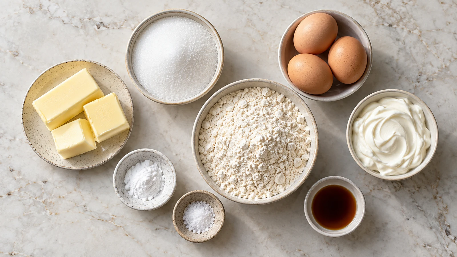 Sour cream pound cake recipe: sour cream pound cake ingredients arranged in small bowls on a light stone surface.