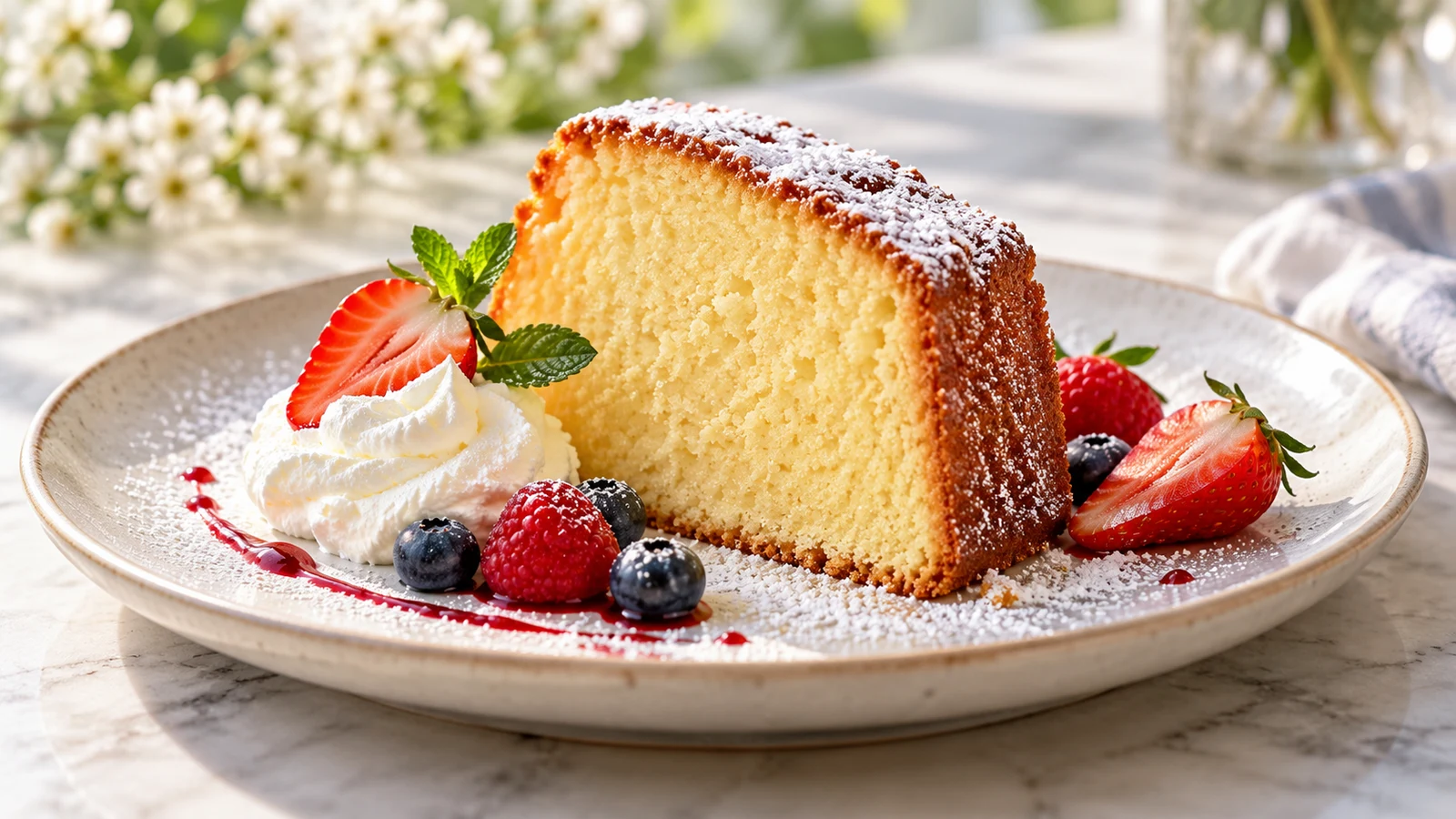 Sour cream pound cake slice served with whipped cream, powdered sugar, berries, and sliced strawberries.