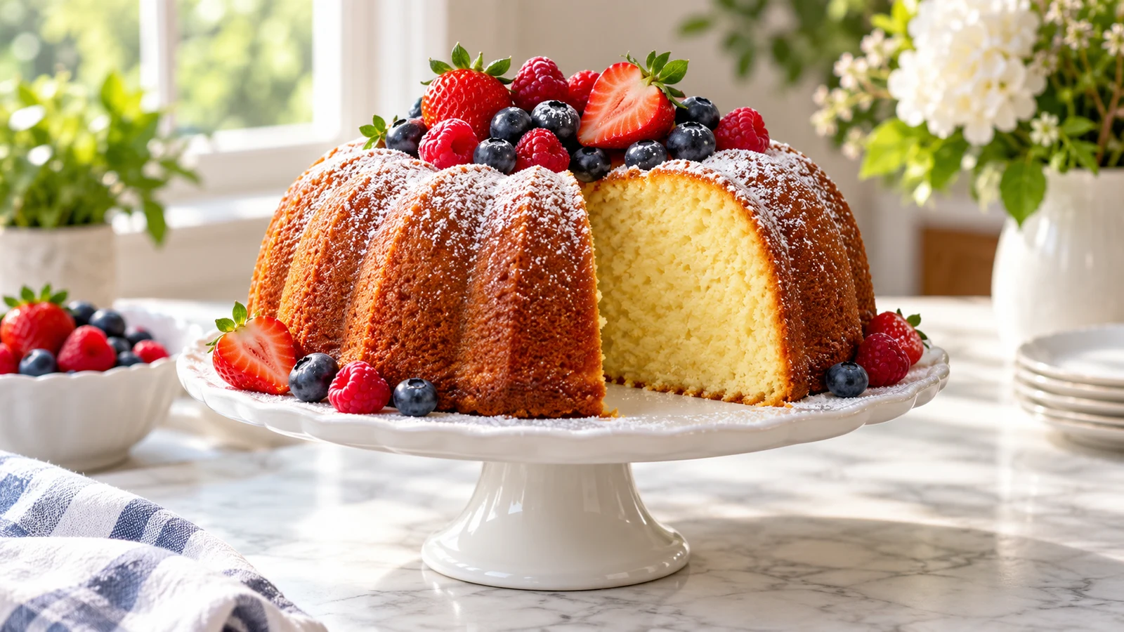 Sour cream pound cake with a golden crust, powdered sugar, and fresh berries on a white cake stand.