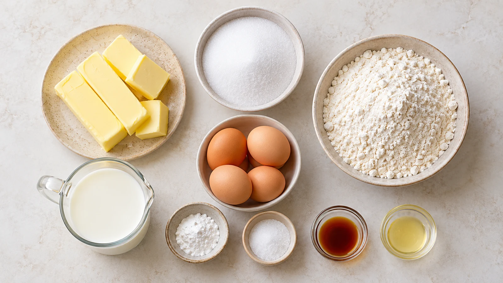 Southern pound cake recipe: southern pound cake ingredients arranged neatly in bowls on a bright, light-colored surface.